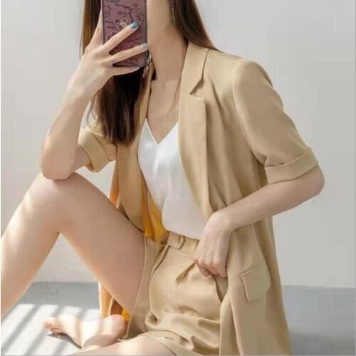 Womens Summer Korean Mini Suit Professional Work Office Jacket Shorts Suit Breathable Workplace Suit Short Sleeve Solid Suits