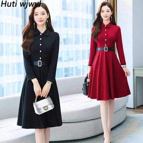 Autumn Winter Office Lady Midi Shirt Dress Black Vintage Solid Casual Long Sleeve Dress 2021 Women Elegant Bodycon Party Vestido