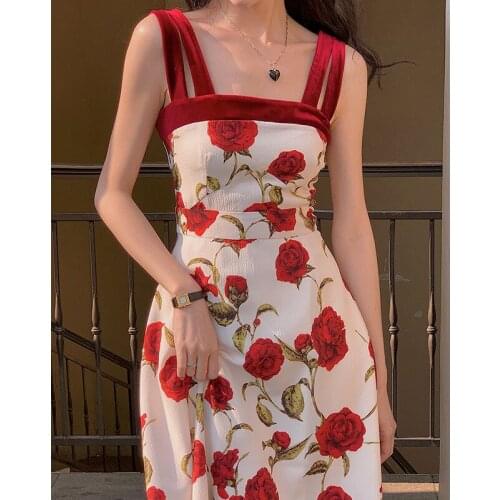 Summer womens dress 2021 Vintage Port style rose print dress womens slim suspender skirt Party dresses