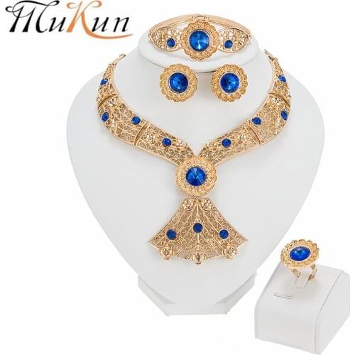 Dubai Gold Color Jewelry Sets African Beads Jewelry Set Women Turkish Bridal Wedding Crystal Necklace Earrings Bracelet Ring