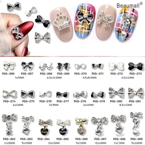 10pcs/lot, 3d Nail Art Elegant Bowknots Designs Alloy With Pearls Crystal Rhinestones Nail Tips Beauty