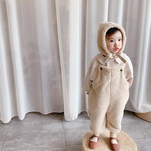 2020 Winter New Kids Overalls Korean Solid Loose Lambswool Jumpsuits Hat for Girls Boys Childrens Clothing Baby Velvet Overall