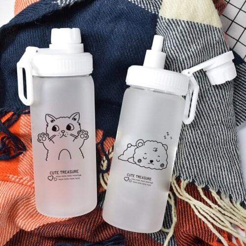 500ml Cute Daisy Glass Straw Water Bottle With Scale Cartoon Dog Cat Milk Coffee Cup Student Sport Travel Portable water Bottles