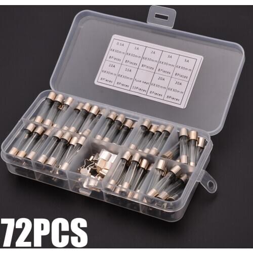 72Pcs 0.5A-30A 250V Glass Tube Fuse Assorted 6x30mm Quick Blow Electrical Glass Tube Fuse Fast-blow Glass Fuses Kit