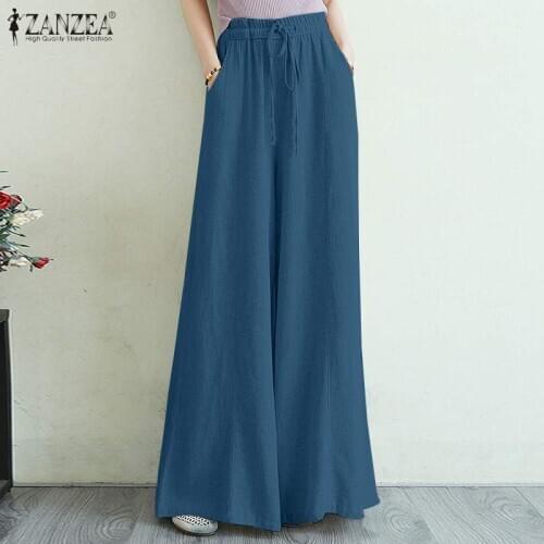 ZANZEA High Waist Solid Cotton Linen Trousers Stylish Women Long Wide Leg Pants Autumn Pantalon Loose Flare Palazzo