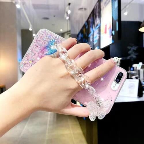 Lanyard Butterfly Chain Phone Case for Xiaomi 9SE Redmi Note9Pro Note8Pro Note7Pro Note6Pro 9A 9C 8A bling Strap TPU Coque