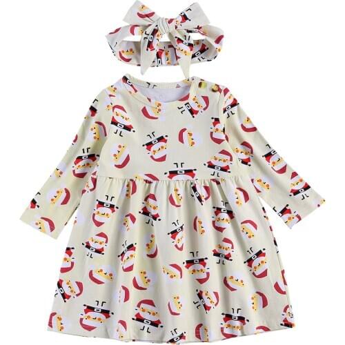 Citgeett Autumn 1-5Years Christmas Infant Kids Girls Dress Baby Santa Cartoon Print Long Sleeve Party Princess Xmas Dresses