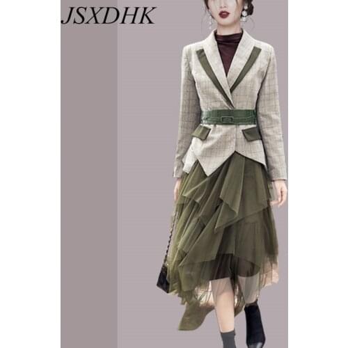 Elegant Autumn Office Lady Skirts Suit Women Notched Collar Plaid Belt Blazer Coat +Green Multi Layered Mesh Skirt Two Piece Set