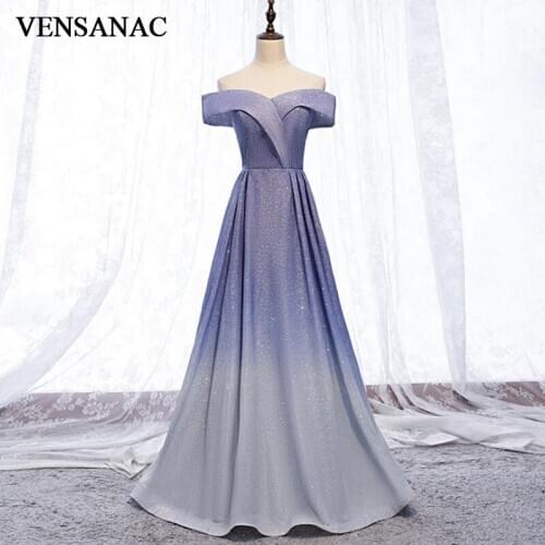 VENSANAC Elegant Boat Neck Gradient Color A Line Long Evening Dresses Party Sequined Backless Prom Gowns
