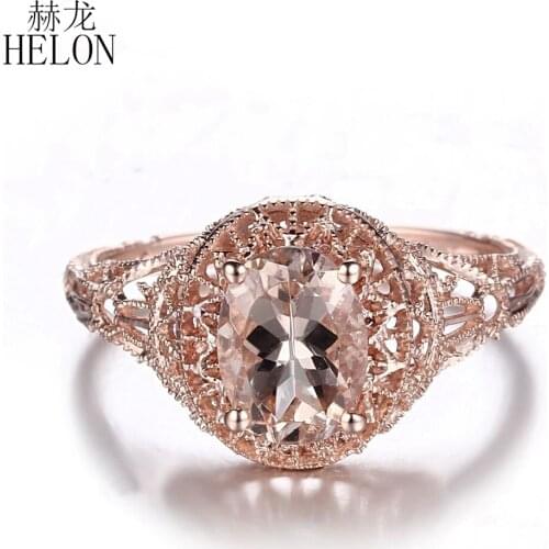 HELON Sterling Silver 925 Flawless 8x6mm Oval Morganite Women Ring Vintage Fine Jewelry Gemstone Engagement Wedding Ring