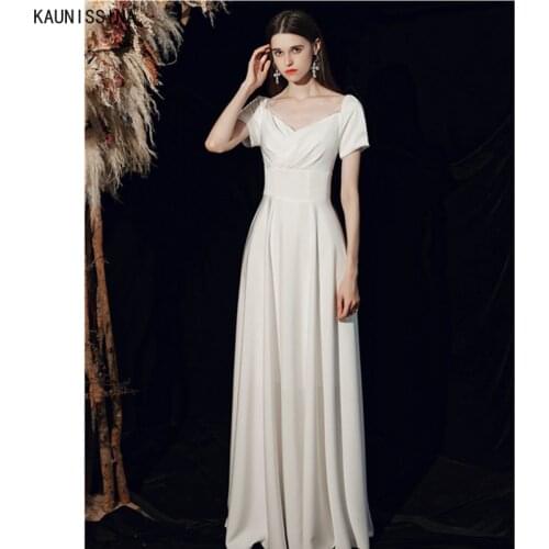 KAUNISSINA Simple Bridal Dress White V-Neck Short Sleeve Long Wedding Gowns For Bride A-Line Boho Beach Wedding Dresses Robe