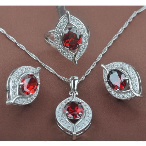 Eye Design Red Zirconia Womens Silver Color Jewelry Sets Wedding Jewelry Necklace Pendant Earrings Ring Free Gift Box TZ0233