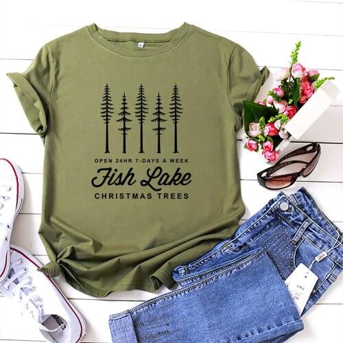 Summer Shirts for Women T-shirt Christmas Tree Graphic T Shirts Aesthetic Women Clothing Oversized T-shirt Cotton Kawaii Tops