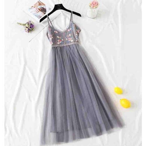 Summer Sleeveless Sling Mesh Dress 2019 Women Fashion V-neck Floral embroidery Sexy Dresses Elastic waist A-line beach Dress
