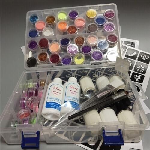 Shimmer Glitter 24 Colors Powder Temporary Tattoo Diamond Paint 2 Brushes 4 Glues 1 Hollow Template 1 Cleansing Water Body Art