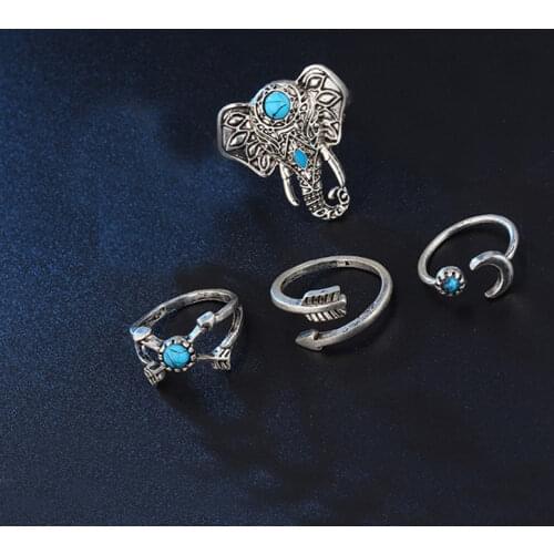 4pcs /Pack Boho Retro Elephant Blue Gem Rings Lucky Stackable Midi Adjustable Size Rings Set for Women Party