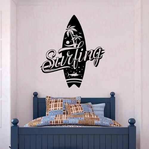 Surfing Wall Decal Surf Club Surfboard Logo Signboard Vinyl Window Sticker Palm Tree Art Interior Decor Sport Mural WL1990