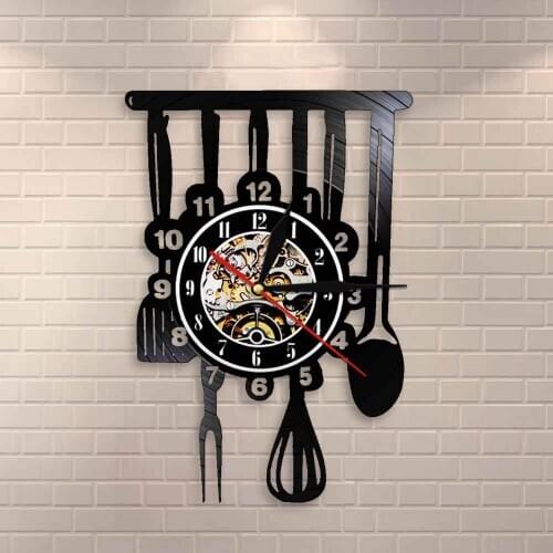 Dinning Room Restaurant Cutlery Wall Decor Vintage Utensil Vinyl Record Wall Clock Cutlery Farmhouse Kitchen Art Sign Wall Clock