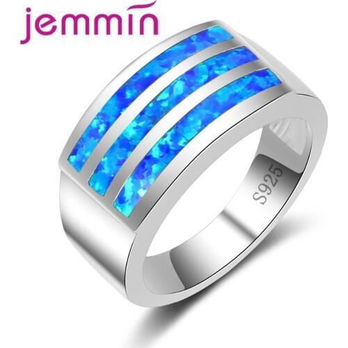 New Arrival Three Bars of Blue Opal Crystal 925 Sterling Silver Ring Rectangle Design Women Wide Band Bijoux
