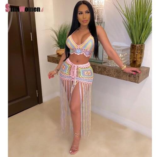 New Rainbow Floral Crochet Knitted Beach Dress Set Sexy Women Bra + Long Tassel Skirts 2 Piece Bikini Set Swimwear Cover Up Boho