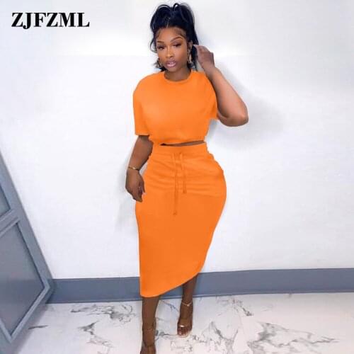 Early Autumn Solid Two Piece Set Round Neck Short Sleeve Crop Tops and High Waist Drawstring Bodycon Skirt Night Club Outfits