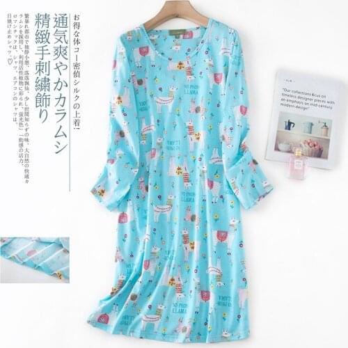 Autumn Ladies Fattening European Version Loose Nightgowns Long Sleeve Nightdress Cute Cartoon Cotton Plus Size Home Dress 2021