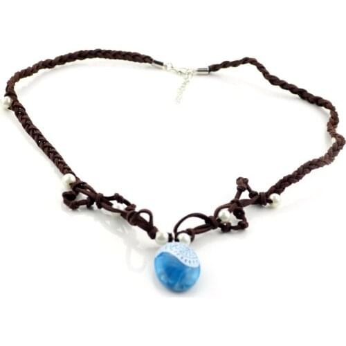 Princess Moana Braided Leather Rope Handmade Blue Stone Necklace Kids Jewlery Cosplay Fans