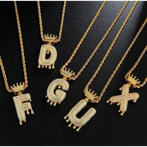 D&Z A-Z Initial Bubble Letter Name Crown Drip Letters Pendant Necklaces Pendant For Men Women Gold Color Cubic Zircon Hip Hop