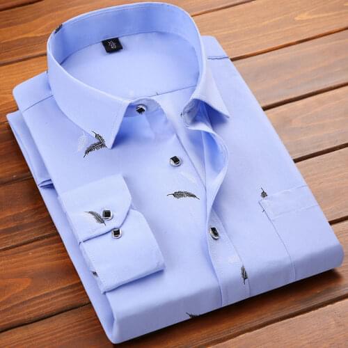 Fashion Print Casual Mens Long Sleeve Shirt Stitching Pocket Design Fabric Soft Comfortable Men Dress Slim Fit Button Up Shirt