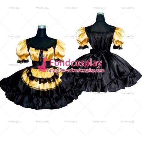 Sexy Sissy Maid Satin Golden Balck Dress Lockable Uniform Cosplay Costume Tailor-made[G276]