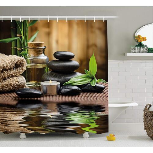 Spa Decor Shower Curtain Asian Zen Massage Stone with Herbal Oil and Scent Candles Fabric Bathroom Decor