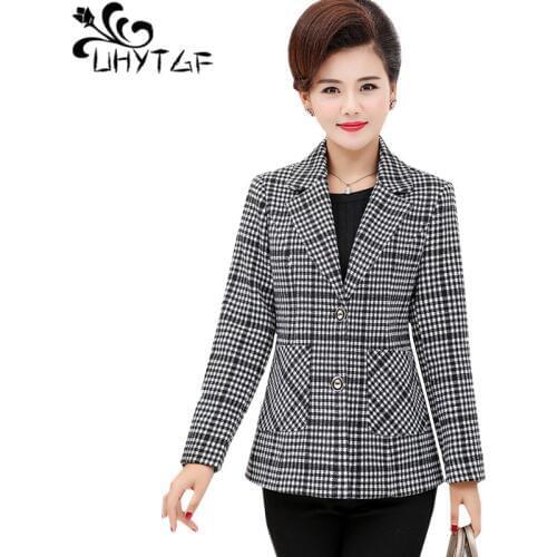 UHYTGF 5XL Plus size jacket womens Fashion plaid small suit spring autumn coat female Slim elegant short coats manteau femme 359