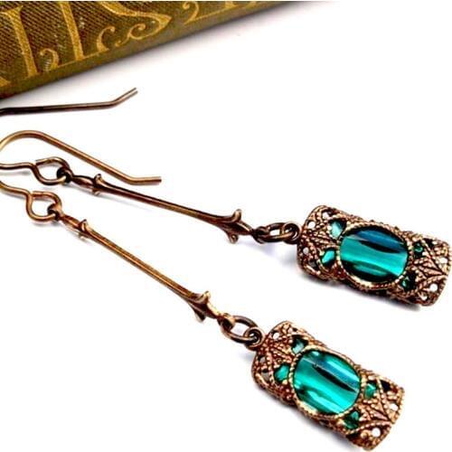 Vintage Bronze Engraving Pattern Flower Crystal Drop Earrings for Women Blue Green Stone Dangle Earrings Boho Gothic Jewelry