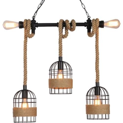 Vintage Retro Hemp Rope Pendant Lights Fixture Wrought Iron Waterpipe Chain Hanging Lamp Loft Industrial American Kitchen Bar