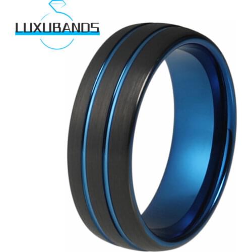 Tungsten Ring For Men Wemen Engagement Dome Band Blue Trisection Grooved Black Brushed Finished Comfort Fit