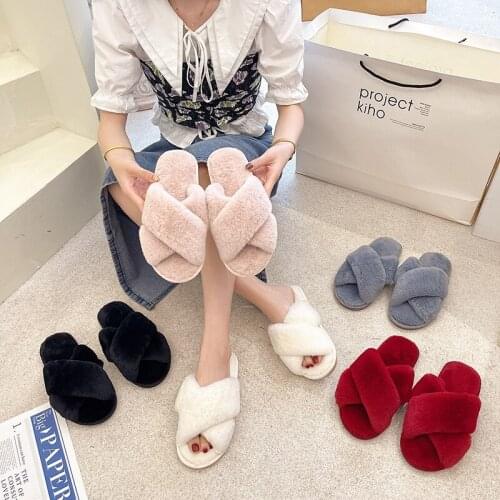 Cozy Furry Slippers 2021 Winter Women House Slippers Faux Fur Fashion Cross Warm Shoes Flats Female Open Toes Slides Pink