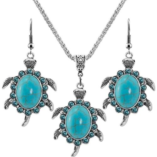 Women Fashion 3Pcs/Set Vintage Faux Turquoise Turtle Drop Leaf Pendant Earrings Jewelry