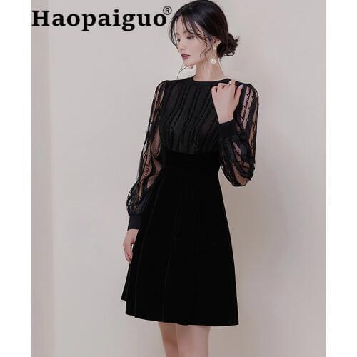 Modis Streetwear Autumn Dress 2019 Mesh Patchwork Black Velvet Dress Women Long Sleeve Perspective A-line Bodycon Dress Women