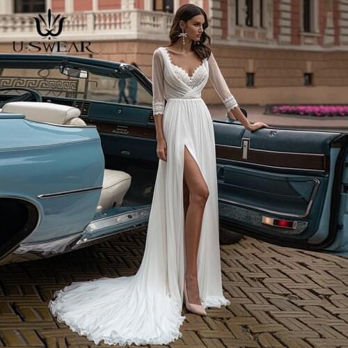 Vestido De Noiva Sexy Beach Wedding Dress Chiffon V-neck Bridal Gowns Split Sweep Train Backless Bridal Dresses Robe De Mariee