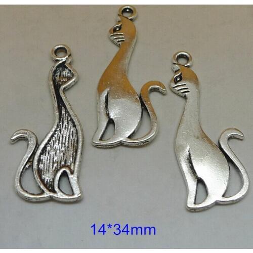 100 Pcs Cat pendants 14*34mm antique silver tone,Lead free and nickel free metal Cat Charms
