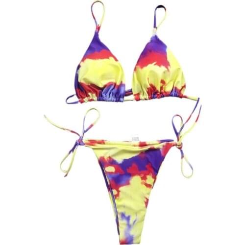 40GC Women Sexy Micro Brazilian Bikini Set Tie-Dye Cinched String Triangle Swimsuit Halter Bra Side Tie Thong Push Up Bathing
