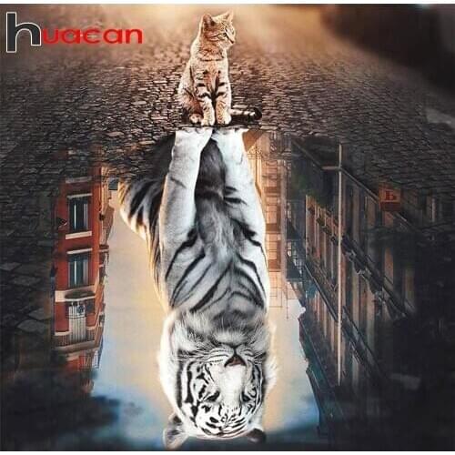 Huacan Diamond Embroidery Mosaic Cross Stitch Tiger Cat 5d Diamond Painting Home Decoration Pictures Of Rhinestones