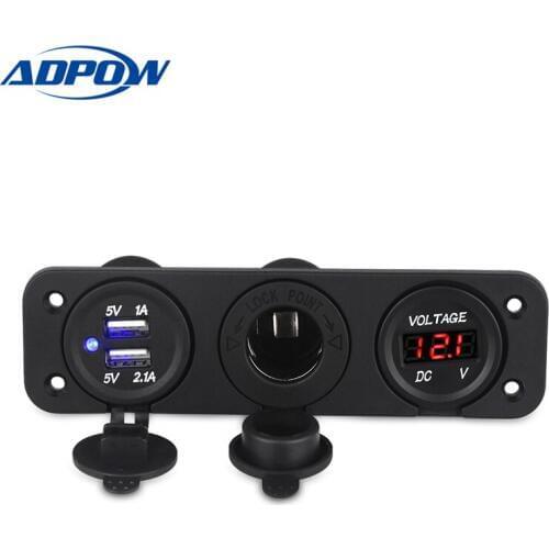 Car Charger Motorcycle Plug Dual USB Adaptor 12V-24V Cigarette Lighter Socket Blue LED Digital Voltmeter Mobile Phone