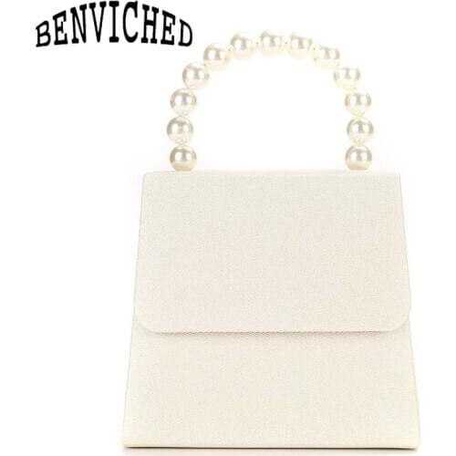 BENVICHED Simple Design white Women Casual Evening Bag Party Dinner Cocktail Handbag pearl Chain Shoulder Bag Wedding PursesB054