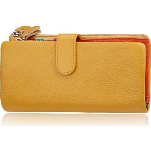 Business Genuine Cow Leather Women Wallets Large Capacity 12 Card Holder Ladies Wallet 6 Solid Color Card Case Clutch Bag