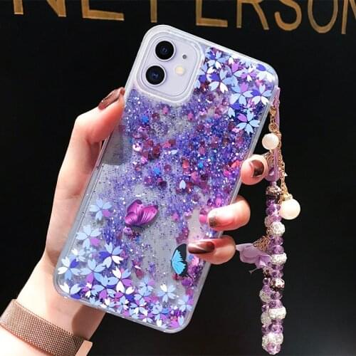 Bling Butterfly Fower Quicksand Case Cover Crystal Hand Chain For Samsung Galaxy Note 20 10 9 8 S21 S20 FE Ultra S10/9/8 Plus