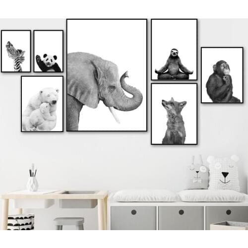 Black White Animals Posters Nordic Style Polar Bear Monkey Sloth Fox Kids Room Decoration Prints Wall Art Canvas Painting