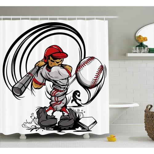 Teen Room Decor Shower Curtain Baseball Cartoon Player Hitting The Ball Boys Kids Caricature Print Home Decor Bathroom Curtains