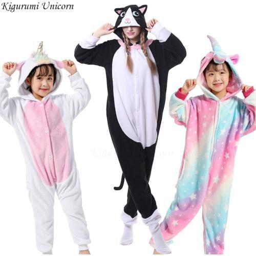 Children Pajama Adult Animal Unicorn Stitch Onesie Boys Girls Couple 2019 Winter Pajama Suit Sleepwear Flannel Pijama Cat Panda