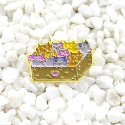 Nine kittens in a golden box Enamel brooch Cartoon cute animal badge Denim backpack leather pin Gift for children or pet lovers